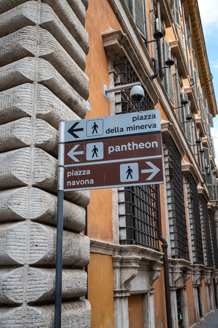 Signs pointing to Romes Pantheon, Piazza Navona, and Piazza della Minerva.